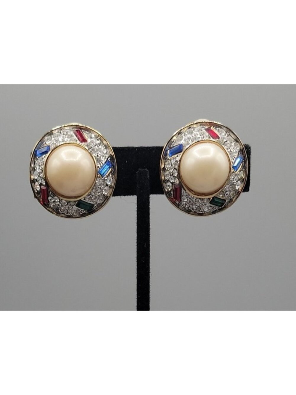 Vintage Faux Pearl Clip On Earrings Dense Pave Diamante Simulated Gems Halo
